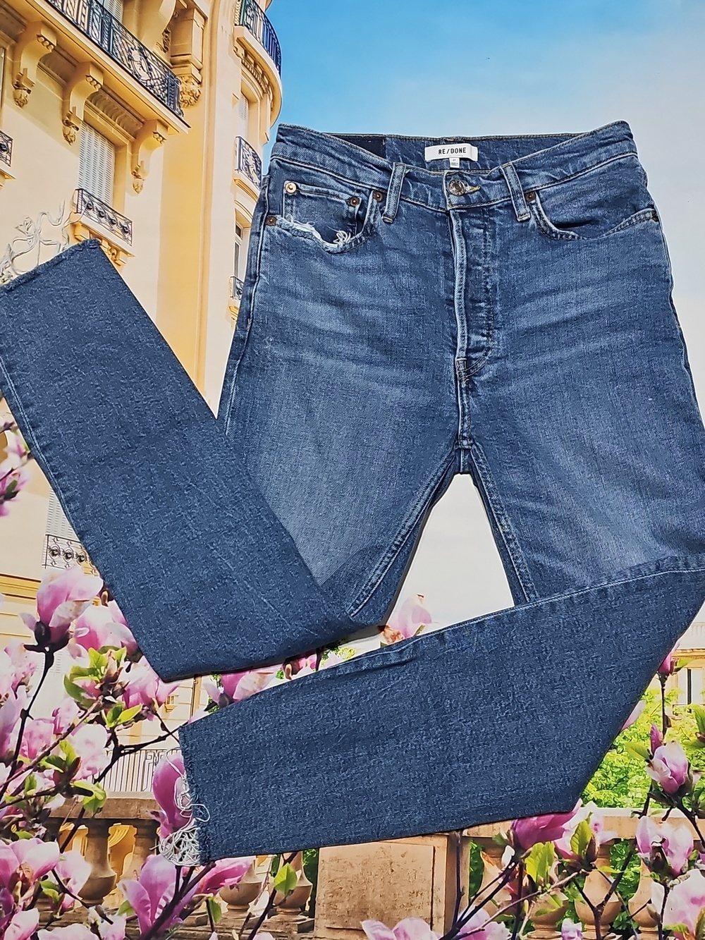 Re/Done 5 Button Distressed High Rise Ankle Crop Jeans Size 27